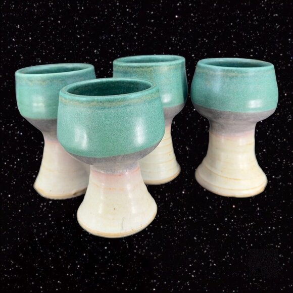 Studio Art Pottery Coffee Cup Mug Goblet Set 4 Green Brown Pottery Hand Made VTG - Picture 1 of 14